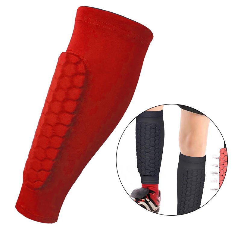 Red Football Shin Guard Calf Compression Sleeve Breathable Honeycomb Material - Image 3