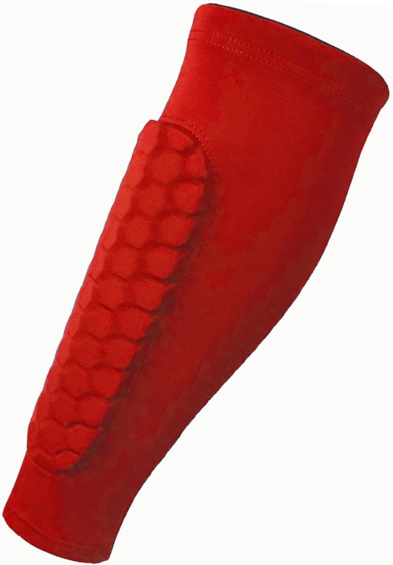 Red Football Shin Guard Calf Compression Sleeve Breathable Honeycomb Material - Image 1