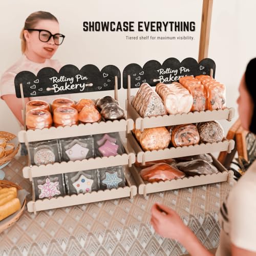HOTCAN Wooden Cookie Display Stand with Chalkboard Sign for Bakers, Vendors, Craft Fairs | Pastry Display for Market Booths & Events | 3 Tiered Cookie Display for Muffins, Cakes, and Pastries(Natural) - Image 3