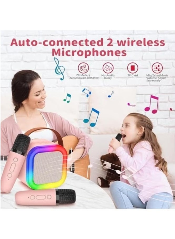 Wireless Bluetooth Karaoke Speaker Set with Dual Microphones – Portable LED Light Sound System with Rechargeable Battery, High Bass & Clear Sound | Home Party, Kids & Family Entertainment (Pink) - Image 3