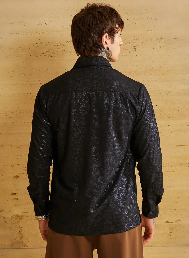 Campus Sutra Men's Onyx Black Corroded-Tactile Shirt