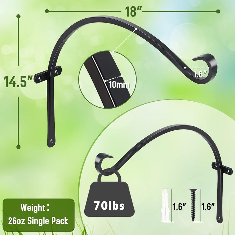 FEED GARDEN 18 Inch 2 Pack Outdoor Hanging Plant Bracket for Bird Feeders, Wind Chimes, Lanterns, Heavy Duty Metal Iron Wall Hooks with 6 Screws - Image 2