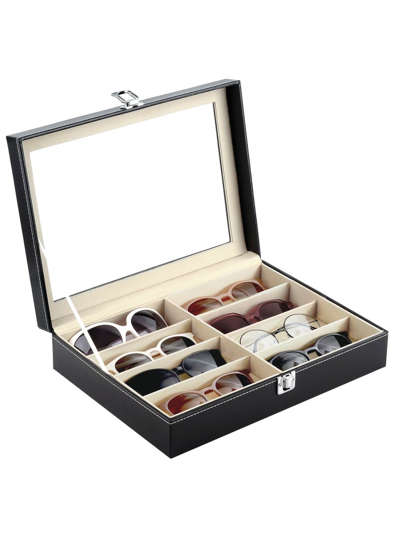 Siveit Siveit 8 Slot Sunglass Organizer Leather Eyeglasses Collector Eyewear Display Case Storage Box Black 