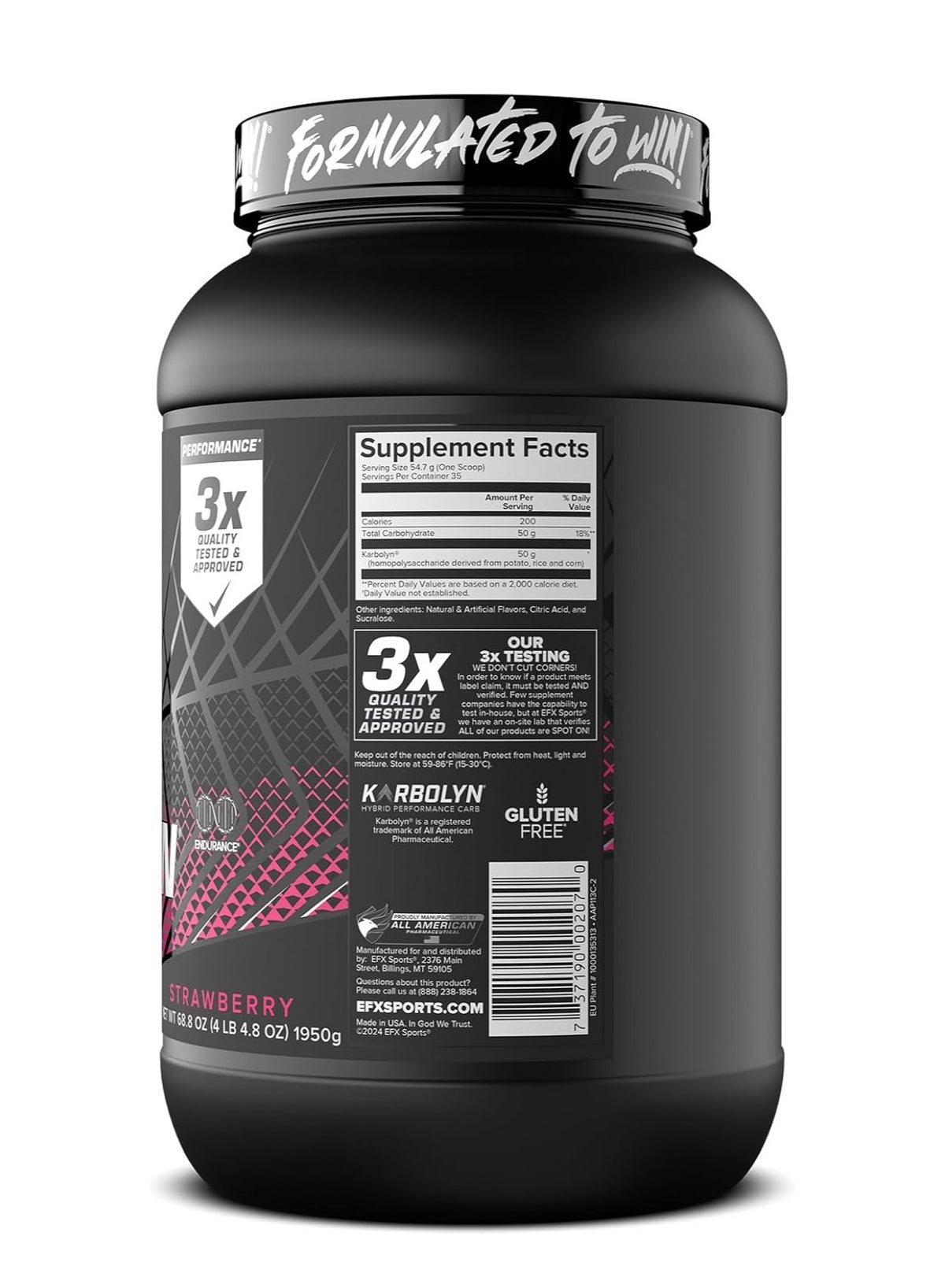 Efx Sports Karbolyn Fuel Pre, Intra, Post Workout Carbohydrate Supplement Powder Carb Load, Energize Improve & Recover Faster Easy To Mix Strawberry 1950Gm