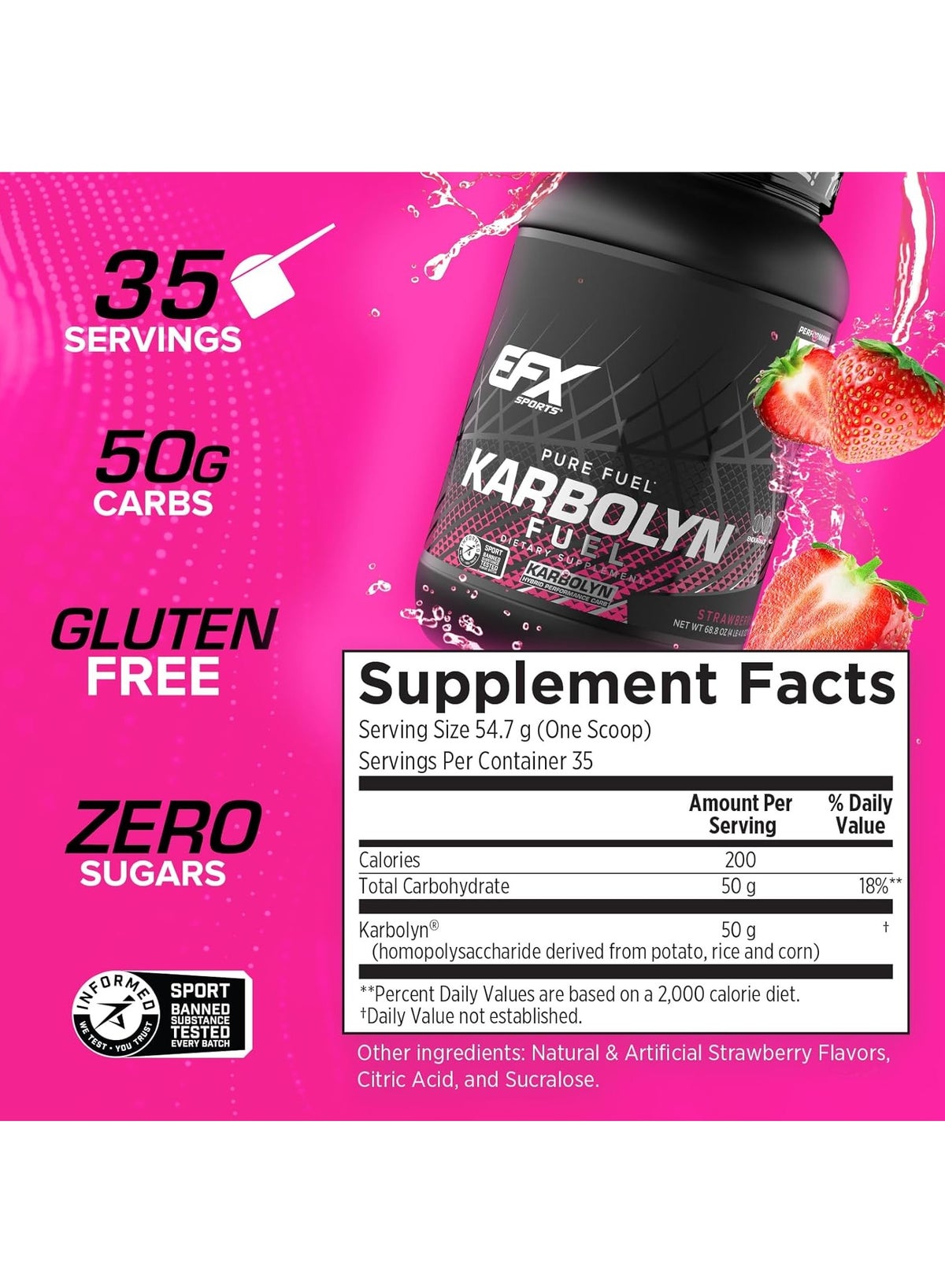 Efx Sports Karbolyn Fuel Pre, Intra, Post Workout Carbohydrate Supplement Powder Carb Load, Energize Improve & Recover Faster Easy To Mix Strawberry 1950Gm