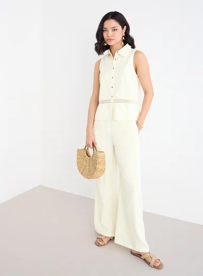 Styli Cream Linen Look Top and Wide Leg Pants Co-Ords