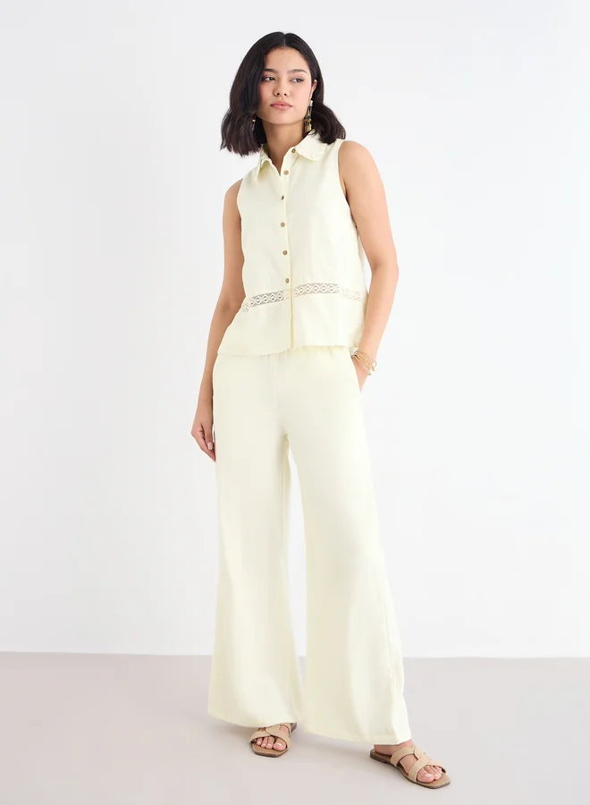 Styli Styli Cream Linen Look Top and Wide Leg Pants Co-Ords