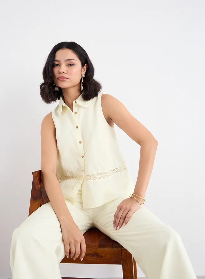 Styli Styli Cream Linen Look Top and Wide Leg Pants Co-Ords