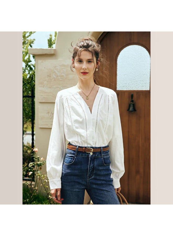 Oulain Hollow V-neck Blouse Women's Autumn Shirt Top Elegant Ivory White (second Batch) S
