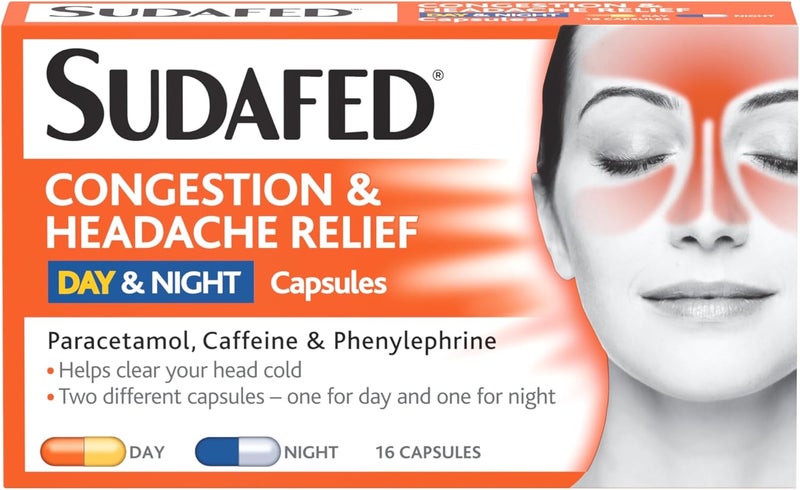 Sudafed Congestion Headache Relief Day Night Capsules Relieves congestion and Helps fight Head Cold Specifically Formulated for during the day and night pack of 16 - Image 1