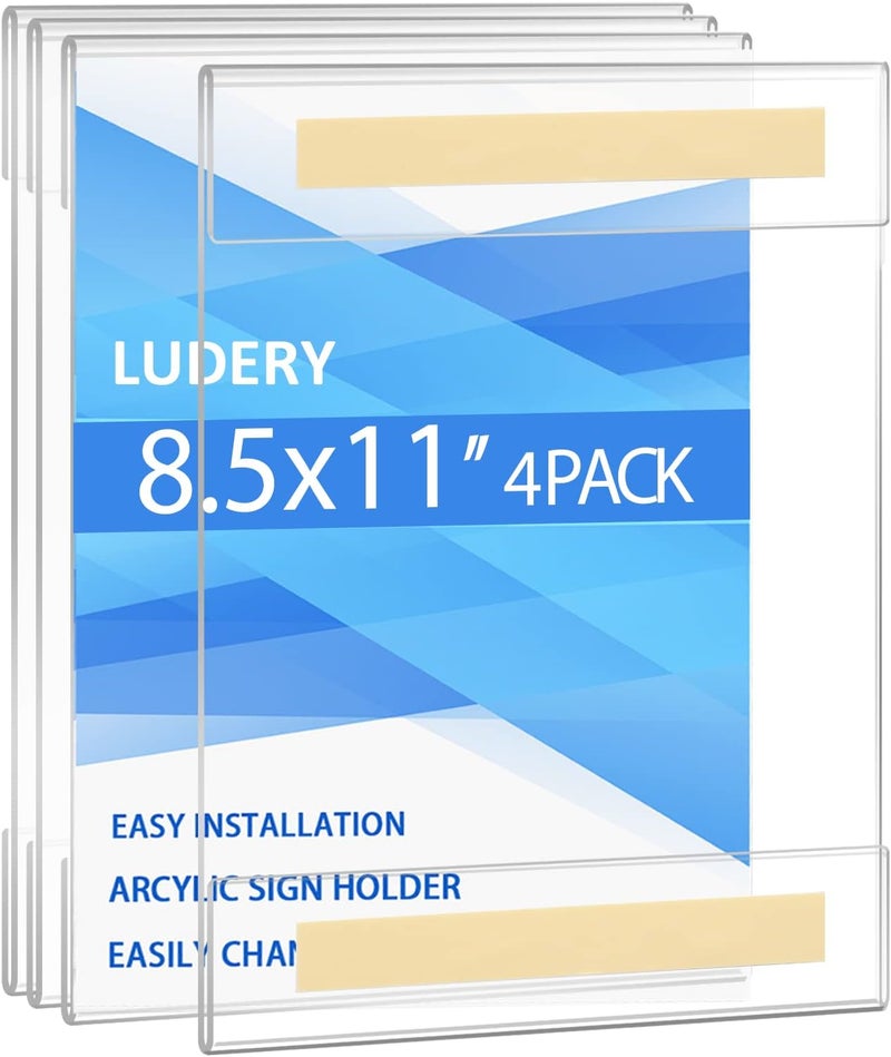 Ludery Acrylic Sign Holder 8.5 x 11, Wall Mount Sign Holder, Acrylic Clear Frames with Tape Adhesive for Home, Office, Store, Restaurant (4 Pack) - Image 1
