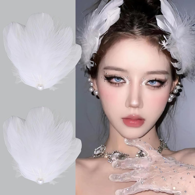 2pcs White Pearl Ostrich Hair Clip White Swan Feather Hair Pins Ballet Style Accessories for Women Girls Bride Wedding Engagement Birthday Christmas Valentine Stage Performance Headpiece