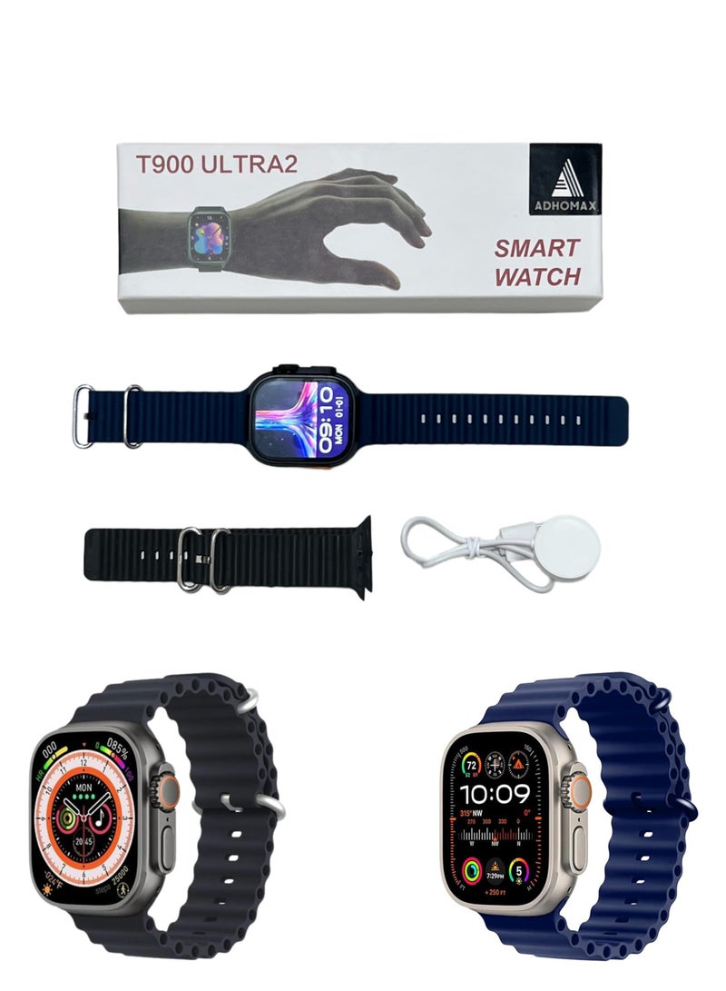 adhomax New T900 Ultra 2 smart watch Elegant Design 2.2" NFC, infinite display, Fitness Tracker, Heart Rate, Bluetooth, Wireless Charging, works with IOS and android, for men and women - Image 1