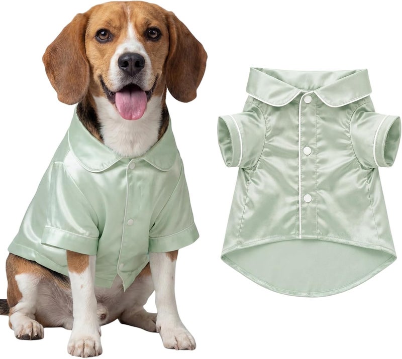 Cosblank Dog Silk Pajamas Shirts Puppy Satin Pjs Pet Sleepwear Soft Faux Silk Lapel Two-Legged for Small Dogs Bridal Party(L,Sage Green) - Image 1