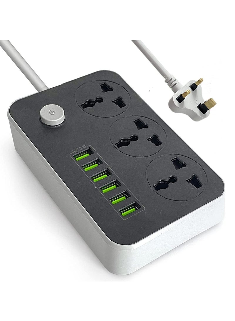 ELTRAZONE Power Strips Extension Cord 3 Outlets, Power Socket with 6 USB Ports Universal Charging Socket with 2M Bold Extension Cord - Image 1