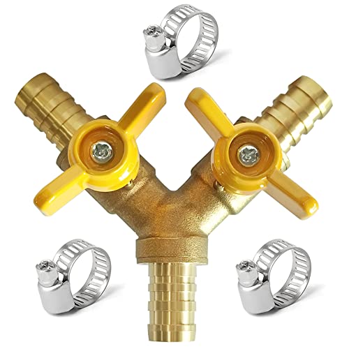Uenede Brass 34 Inch 3way Yshaped Shutoff Ball Valve with 2switch 34 Hose Barb Include 3 Stainless Steel Clamps Hose Pipe Barb Fitting for WaterOilGas - Image 1