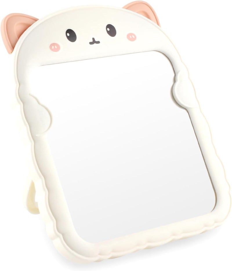 TBWHL Cute Desk Mirror Cartoon Cat Mirror for Desk, Desktop Mirror with Stand for Girls, Kids, Hanging Mirror for Bedroom, Bathroom (White Cat)