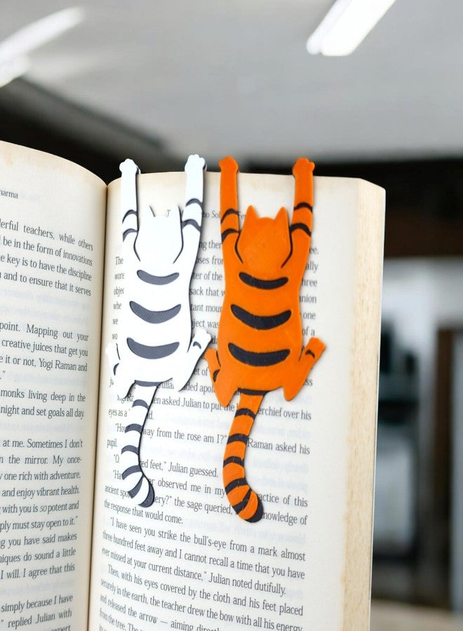 فاصل كتب بلاستيكي ثلاثي الأبعاد بتصميم قطط مضحك، عبوة من قطعتين (أبيض وبرتقالي) - Image 5