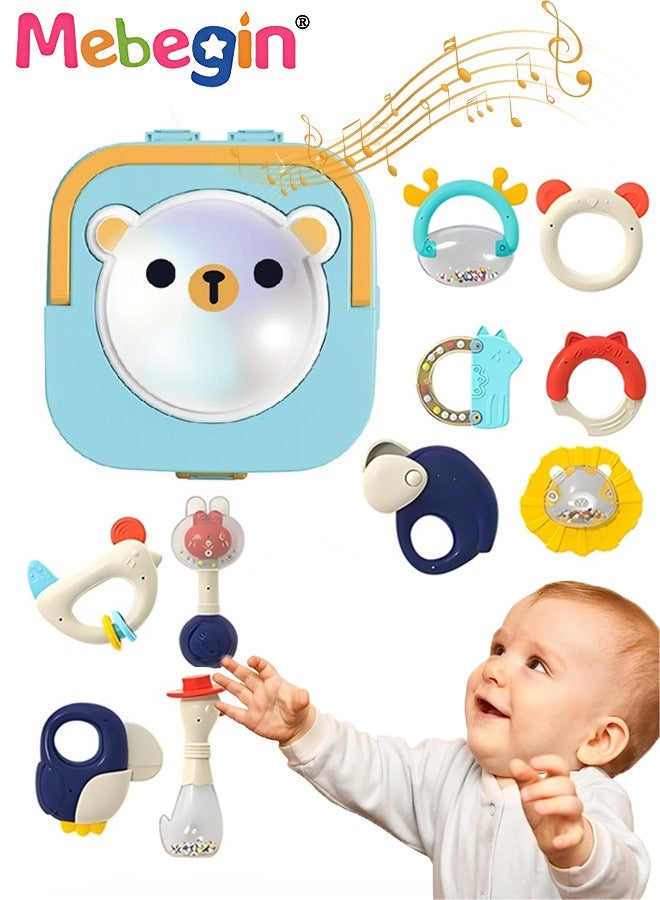 MEBEGIN 10PCS Baby Rattle Teething Set, Silicone Teether Sensory Toys with Sound and Cartoon Organizer, Versatile Baby Early Sensory Toy, Made of Gentle and Teething-friendly Material, Great Variety of Textured Surfaces - Image 1