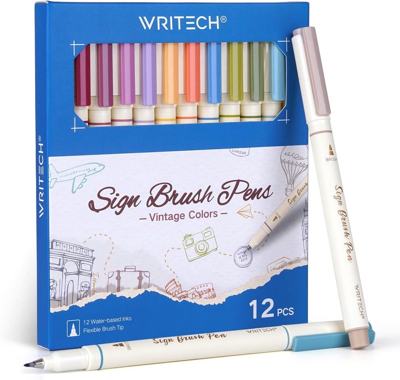 WRITECH Arts Sign Brush Pen Brush Tip Marker Felt Tip Water Based Ink Color Pens 12 Assorted Vintage Colors Great for Lettering Journaling Calligraphy (Vintage) - Image 1