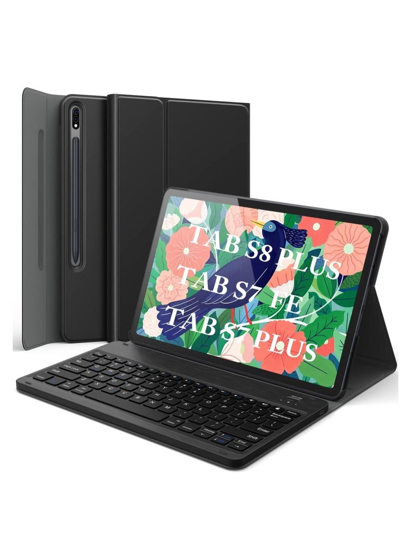 Raxoom Galaxy Tab S8+, S7 FE, S7+ Case with Keyboard, Wireless Detachable, Type-C Rechargeable, PU Leather Stand Cover, Case with Keyboard for Tab S7 Plus 12.4" 2020, Tab S7 FE 2021, Tab S8 Plus 2022 - Image 1