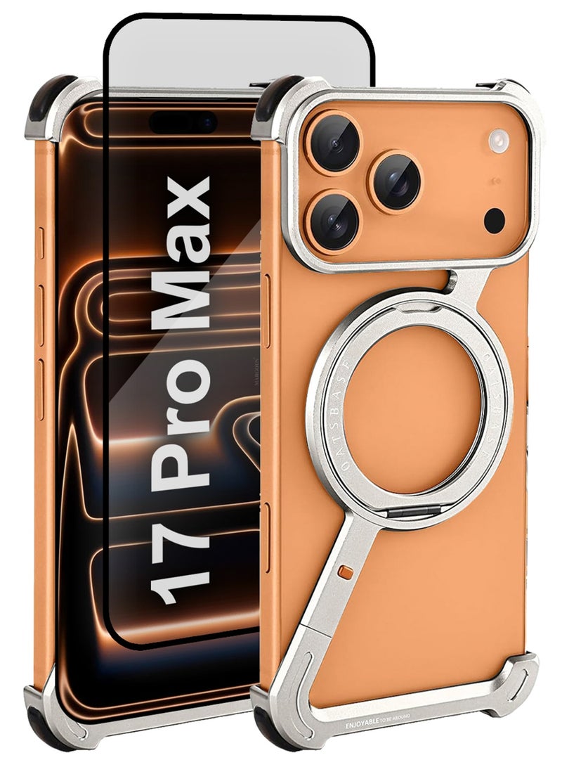 CATANES 2Packs Minimalist Phone Cover for iPhone 17 Pro Max, 360° Rotation Kickstand Aluminum Metal Frameless Design Bumper Z Case, Protective Shock Grade Shell with 3D Screen Protector - Silver - Image 1