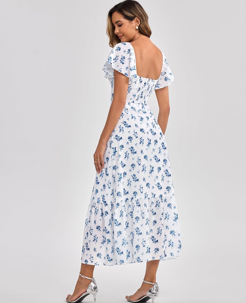 GLNEGE Women's 2026 Summer Midi Floral Boho Dresses Casual Flowy Beach Short Sleeve Dress Ruffle Hem Smocked Sundresses - Image 3