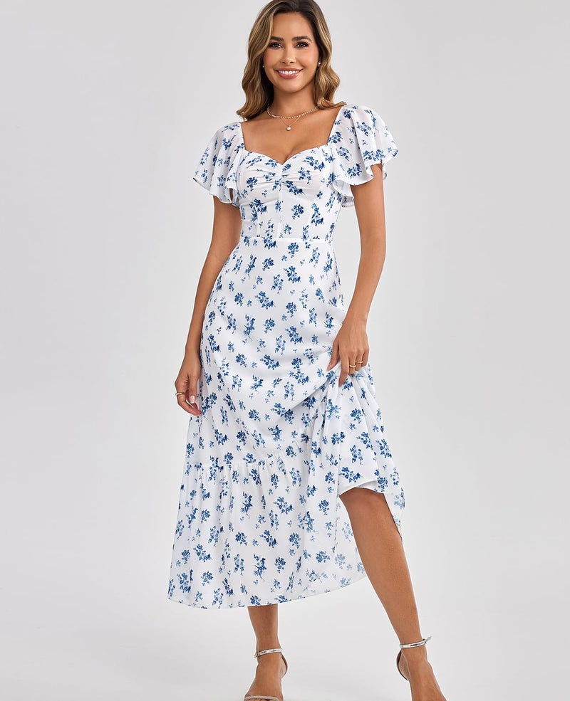 GLNEGE Women's 2026 Summer Midi Floral Boho Dresses Casual Flowy Beach Short Sleeve Dress Ruffle Hem Smocked Sundresses - Image 2