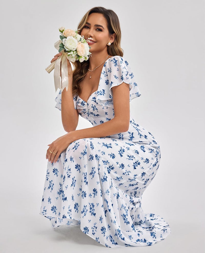 GLNEGE Women's 2026 Summer Midi Floral Boho Dresses Casual Flowy Beach Short Sleeve Dress Ruffle Hem Smocked Sundresses - Image 4