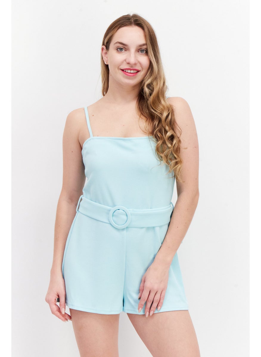 RIVER ISLAND Women Petite Plain Sleeveless Playsuit, Turquoise  - Image 1