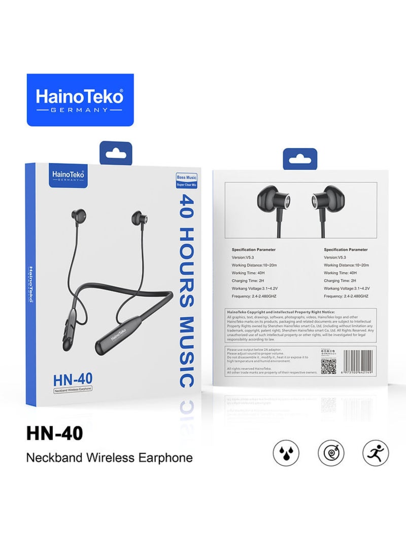 HainoTeko Haino Teko Germany HN40 Neckband Wireless Earphones – Bluetooth 5.3, Super Clear Mic, High Bass Sound, 40-Hour Playtime, Ergonomic Design, Black - Image 4