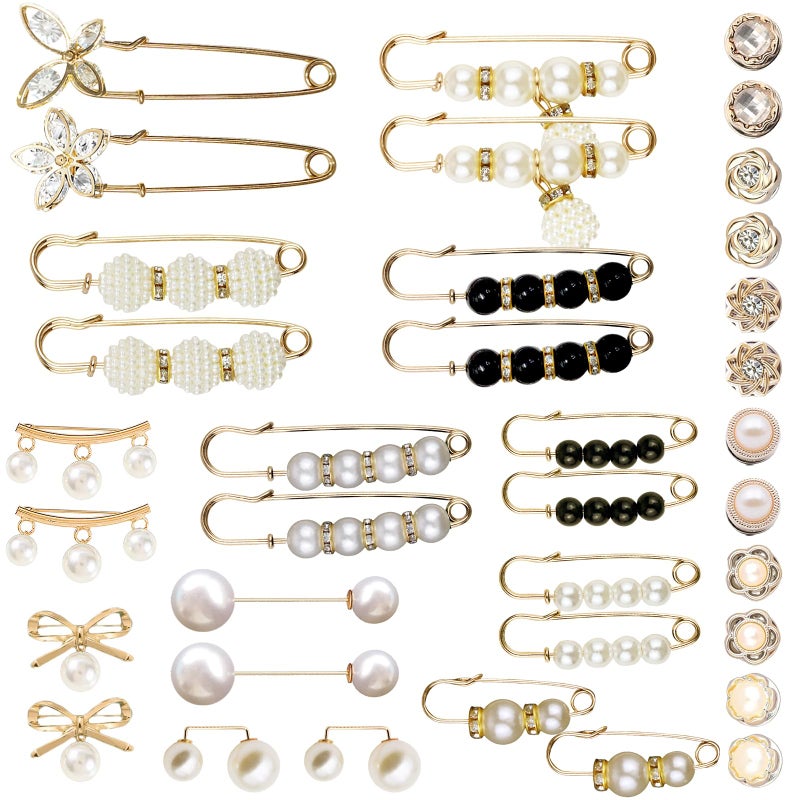 Bulrash 36 Pieces Crystal Pearl Brooch Safety Pins Pant Waist Tightener Pins Button Pins for Clothes Sweater Shawl Collar Dress Cardigan Shirt Jeans Decoration Accessories for Women Girls - Image 1