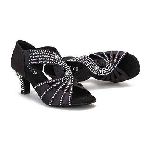 YYTing Rhinestones Ballroom Dance Shoes Women Latin Salsa Practice Wedding Indoor Crystal Shoes 2.5in Heels YT05(9,Black) - Image 2