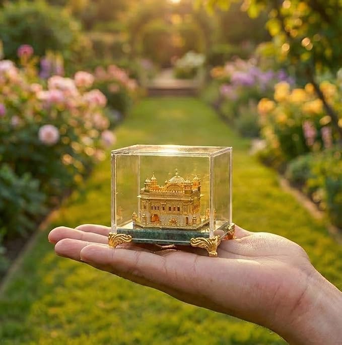 TEYRAH Golden Temple 24K Gold Plated Model Round 9cm Size Miniature Sri Harmandir Sahib Idol Sikh Temple in Amritsar for Home Decor Car Decor Diwali Gift Punjabi New House Gift - Image 2