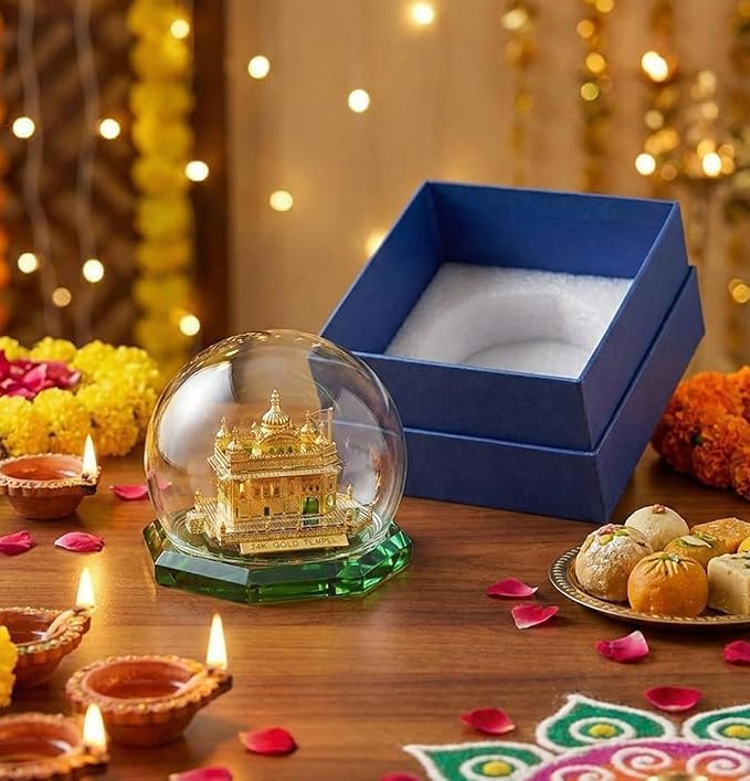 TEYRAH Golden Temple 24K Gold Plated Model Round 9cm Size Miniature Sri Harmandir Sahib Idol Sikh Temple in Amritsar for Home Decor Car Decor Diwali Gift Punjabi New House Gift - Image 4