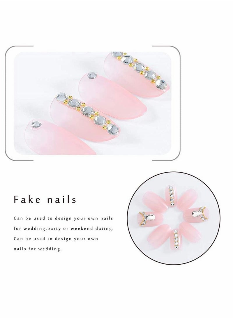 KASTWAVE Press on Nails Short with Rhinestone, 24 Pcs French Tip Fake Coffin Nails, Ballerina False Nails, Natural Manicure Press on Fake Nails, Acrylic Nails Glue on Nails for Women and Girls  - Image 2