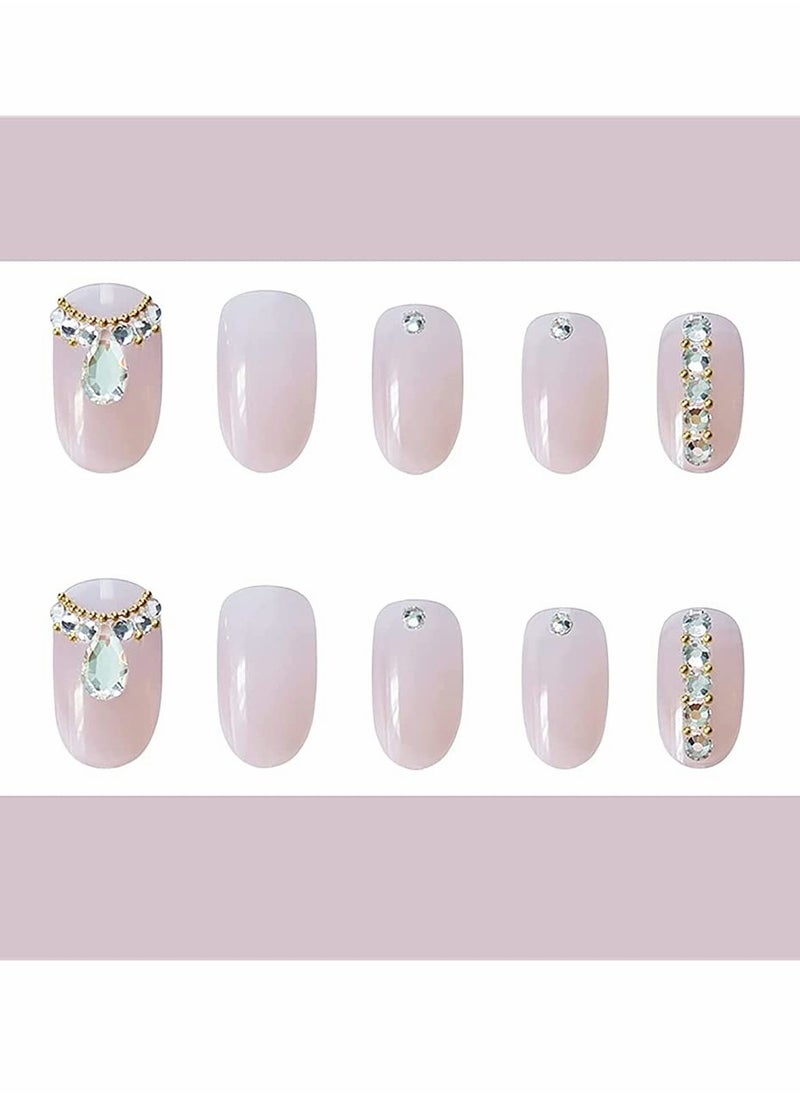 KASTWAVE Press on Nails Short with Rhinestone, 24 Pcs French Tip Fake Coffin Nails, Ballerina False Nails, Natural Manicure Press on Fake Nails, Acrylic Nails Glue on Nails for Women and Girls  - Image 5