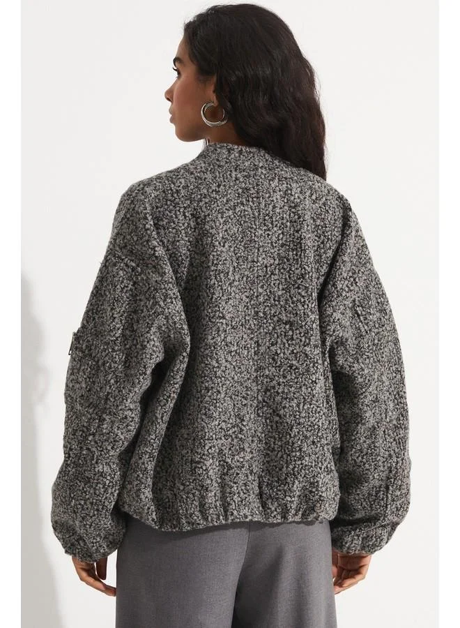 جون June Exclusive Wool Blend Plush Bomber Jacket Anthracite