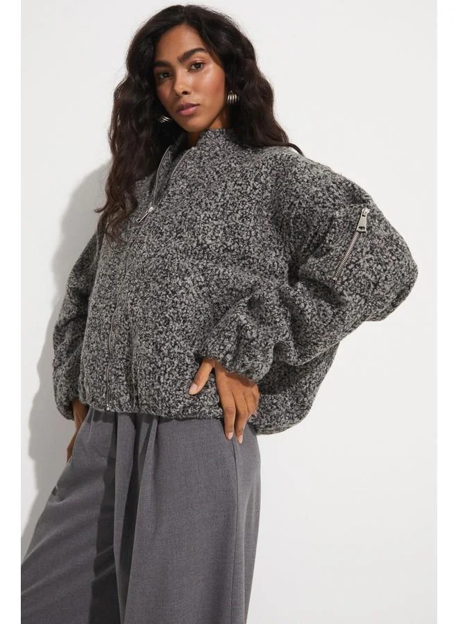 جون June Exclusive Wool Blend Plush Bomber Jacket Anthracite