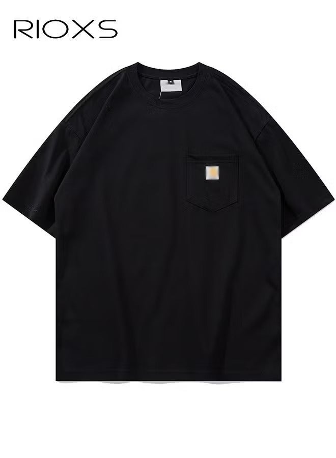 ريوكس تي شيرت للجنسين، تي شيرت فضفاض للرجال والنساء، تي شيرت بأكمام قصيرة ثقيلة الوزن، قمصان مريحة بجيب مريح للترفيه اليومي/المكتب/المدرسة/التسوق، قمصان بياقة كريبون للنساء والرجال - Image 5