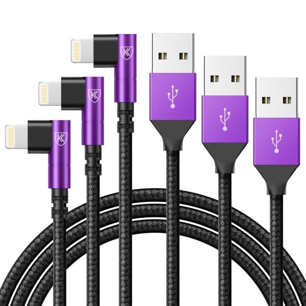 KIYODA iPhone Charger Cable 6ft, 3 Pack Lightning Cable, 90 Degree Nylon Braided Gaming Charging Cord, USB to Lightning Cable Compatible with 13 12 11 Pro XS MAX XR X 8 7 6S Plus SE iPad iPod, Purple - Image 1