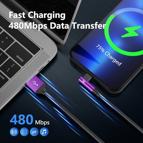KIYODA iPhone Charger Cable 6ft, 3 Pack Lightning Cable, 90 Degree Nylon Braided Gaming Charging Cord, USB to Lightning Cable Compatible with 13 12 11 Pro XS MAX XR X 8 7 6S Plus SE iPad iPod, Purple - Image 5