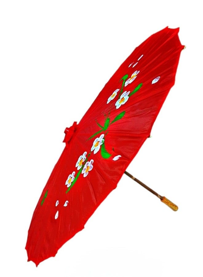FANCY KIDO Japanese Dance Umbrella red color prop wooden with Hand-Painted White Floral Design, Bamboo Handle, Traditional Asian Decor - Image 1