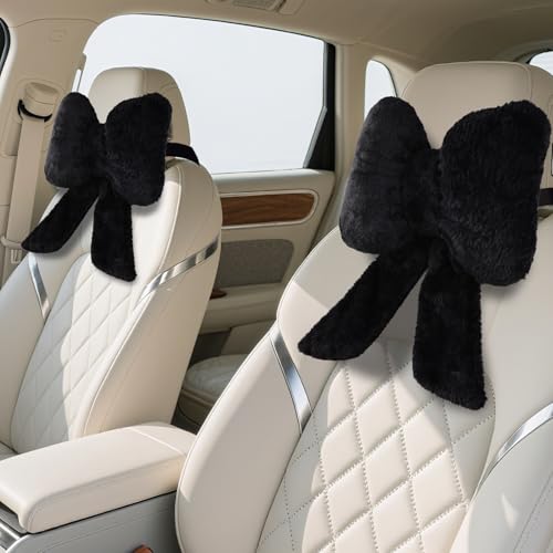 iHUFeather 2 Pack Bow Car Headrest Pillows Plush Car Neck Pillows for Travel Driving Office Chair Head Support Cushions Also Cute Car Decor Accessories Black - Image 1