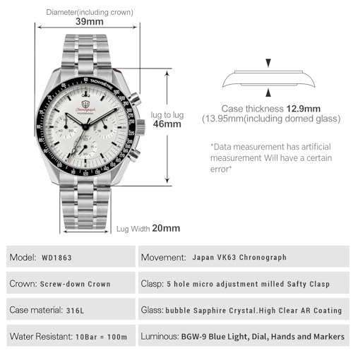 watchdives WD1860 WD1861 WD1863 Men's Chronograph Watch Japan VK63 Quartz Sports Watches 40mm Bubble Sapphire Crystal Wristwatch 100M Dive Watch (White / WD1863 V2 Screw Bracelet) - Image 2