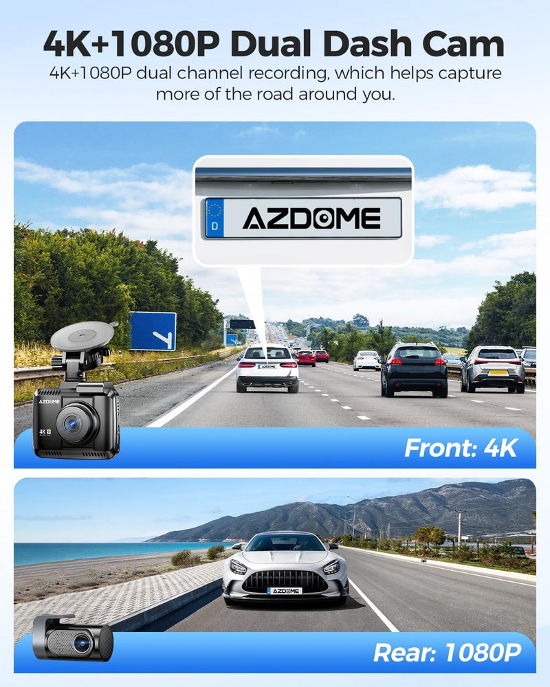 AZDOME 4K Dash Cam Front and Rear, STARVIS Night Vision, UHD 2160P WiFi Dash Camera for Cars with GPS, Included 64GB Card, 2.4" IPS Screen Dashcam, 170Â°Wide Angle, WDR, 24H Parking Mode (GS63H Pro) - Image 2