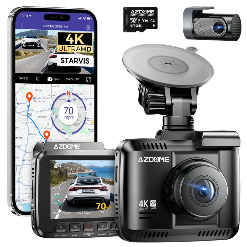 AZDOME 4K Dash Cam Front and Rear, STARVIS Night Vision, UHD 2160P WiFi Dash Camera for Cars with GPS, Included 64GB Card, 2.4" IPS Screen Dashcam, 170Â°Wide Angle, WDR, 24H Parking Mode (GS63H Pro) - Image 1