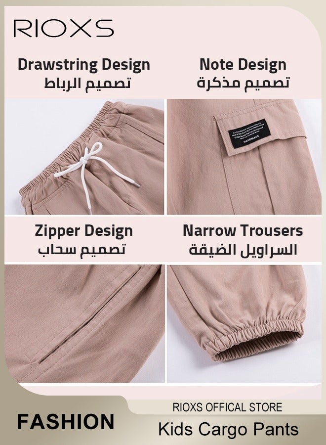 RIOXS Kids Cotton Jogger Cargo Pants, Drawstring Elastic Waist Long Pants, Skin-friendly Cargo Trousers, Multifunctional Fashionable Sports Trousers, Easy to Match with Various Tops to Create Versatile Look  - Image 5