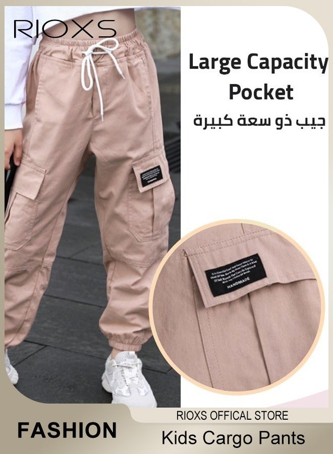 RIOXS Kids Cotton Jogger Cargo Pants, Drawstring Elastic Waist Long Pants, Skin-friendly Cargo Trousers, Multifunctional Fashionable Sports Trousers, Easy to Match with Various Tops to Create Versatile Look  - Image 4