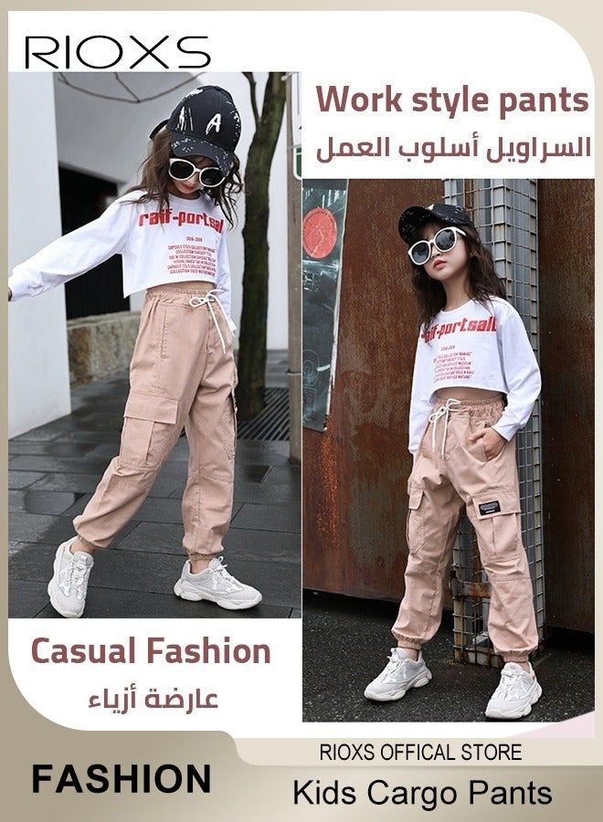 RIOXS Kids Cotton Jogger Cargo Pants, Drawstring Elastic Waist Long Pants, Skin-friendly Cargo Trousers, Multifunctional Fashionable Sports Trousers, Easy to Match with Various Tops to Create Versatile Look  - Image 3